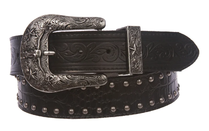 Snap On Western Crocodile Print Stitching-Edged Studded Leather Belt