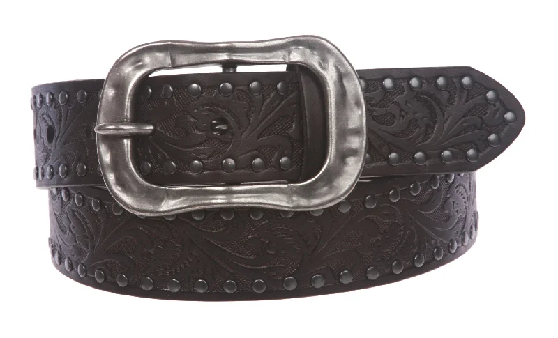 Snap On 1 1/2" Soft Hand Vintage Cowhide Leather Floral Embossed Rivet Studded Casual Belt