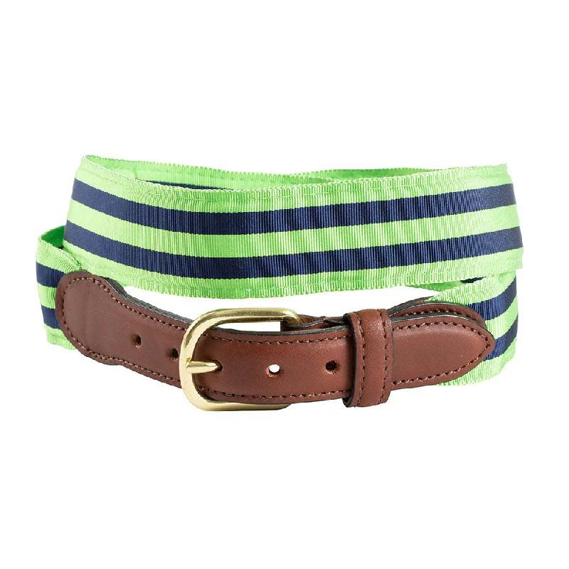 Lime Green & Navy Grosgrain Ribbon Leather Tab Belt