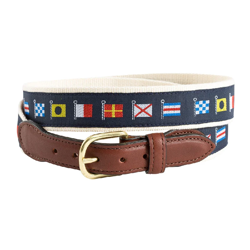 Nautical Flags Motif Leather Tab Belt