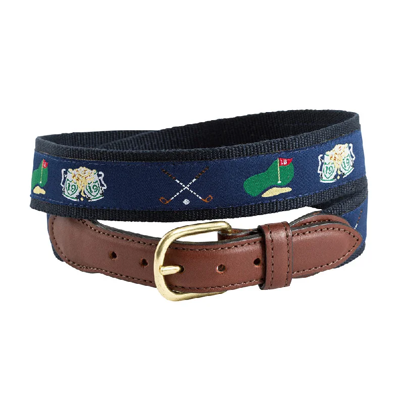 Navy Golf Motif Leather Tab Belt