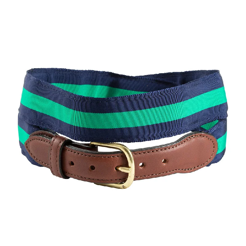 Navy & Green Grosgrain Ribbon Leather Tab Belt