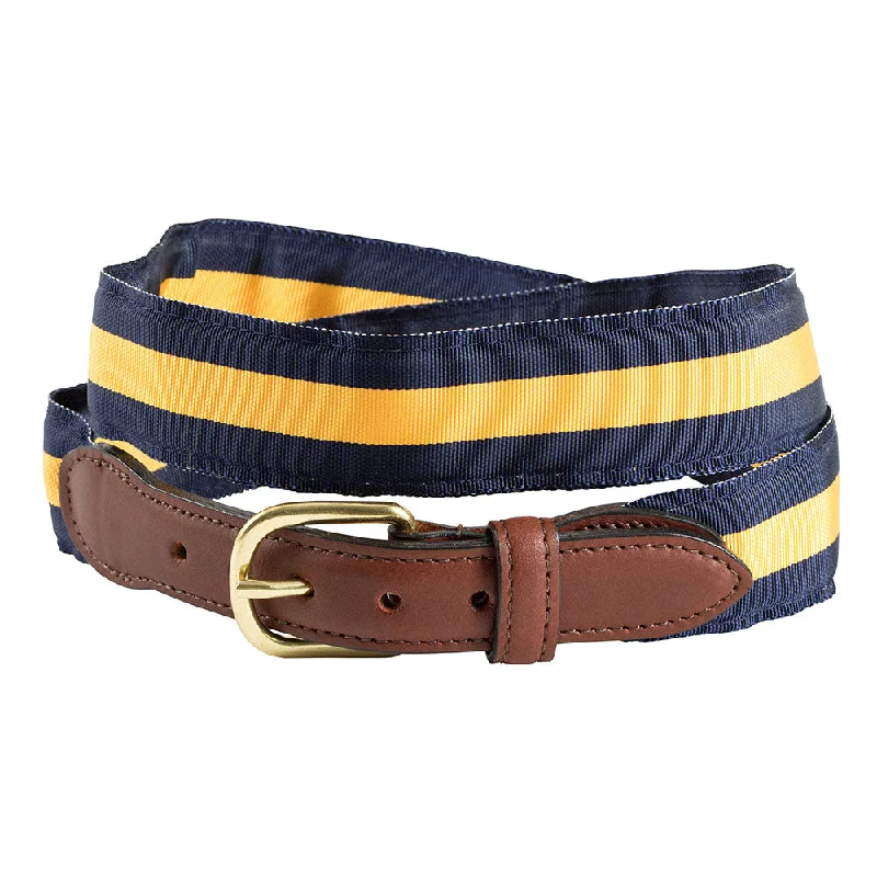 Navy & Maize Yellow Grosgrain Ribbon Leather Tab Belt