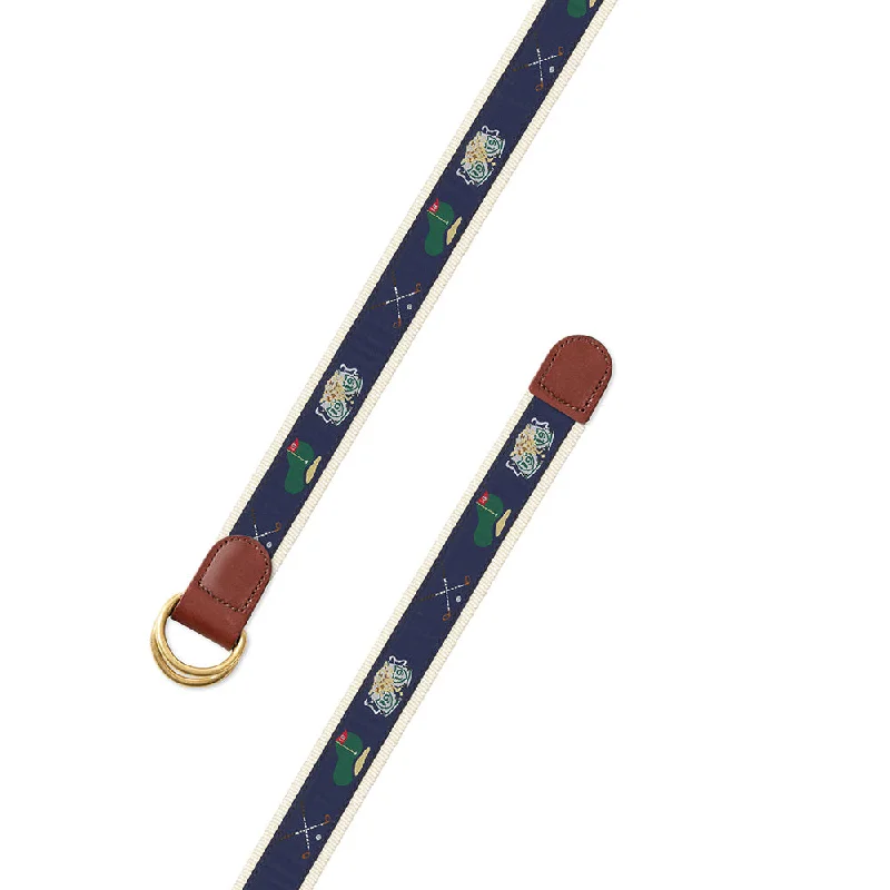 Navy & Natural Golf Motif D-Ring Belt