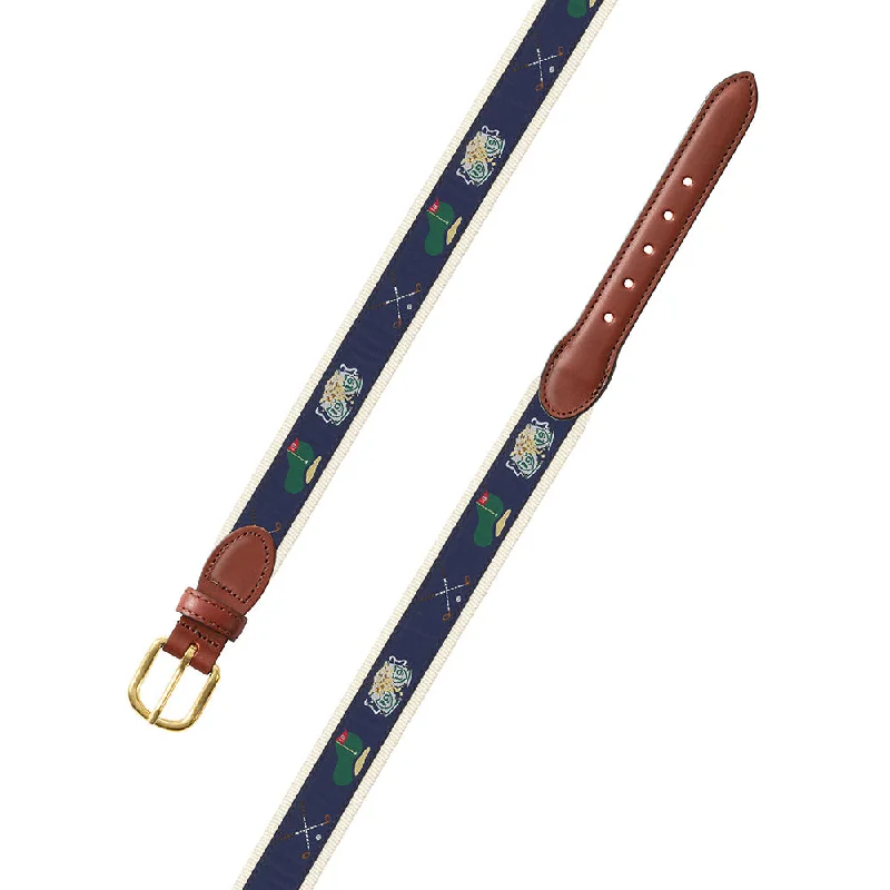 Navy & Natural Golf Motif Leather Tab Belt