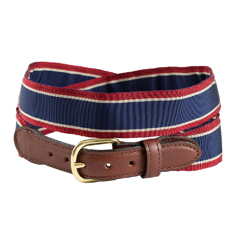 Navy, Tan & Burgundy Grosgrain Ribbon Leather Tab Belt