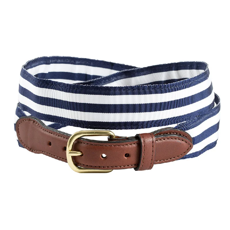 Navy & White Grosgrain Ribbon Leather Tab Belt