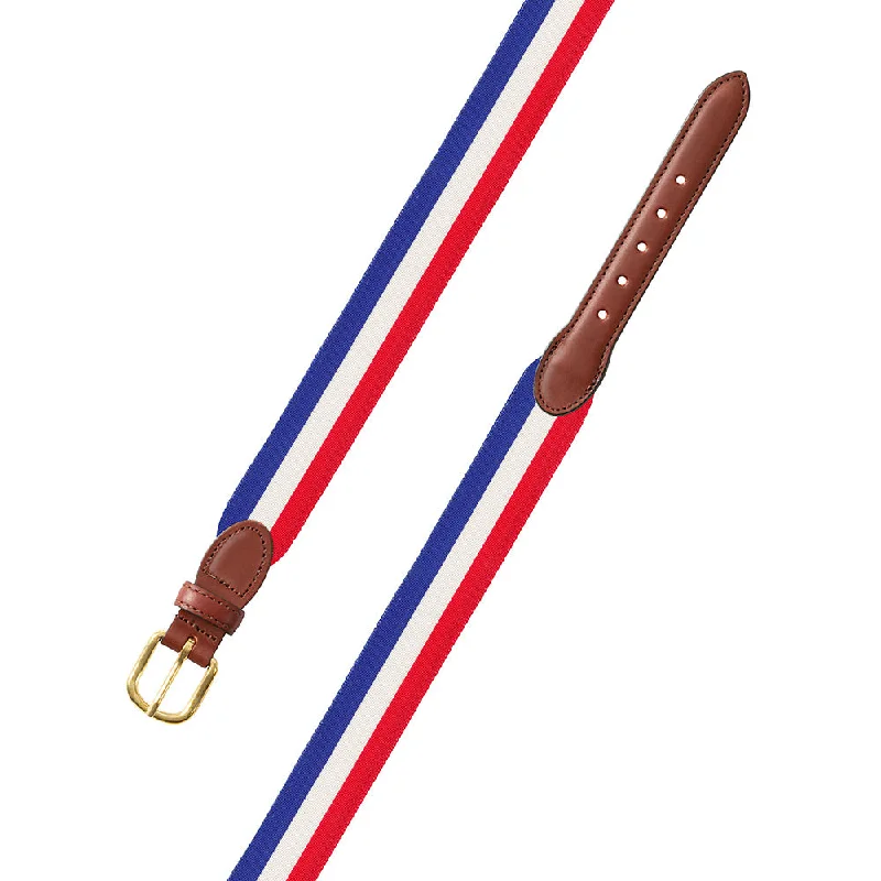 Red, White & Blue Grosgrain Ribbon Leather Tab Belt