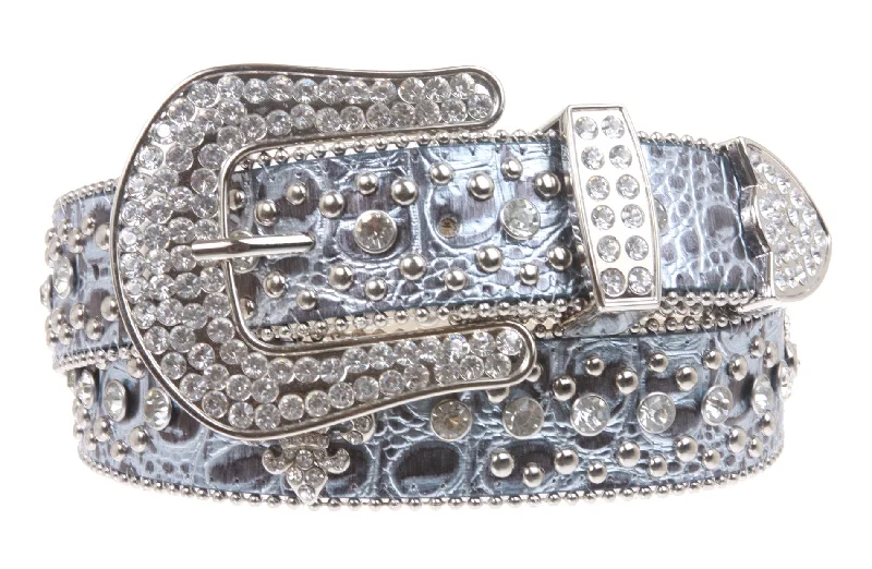 Snap On Western Cowgirl Alligator Rhinestone Fleur De Lis Studded Leather Belt