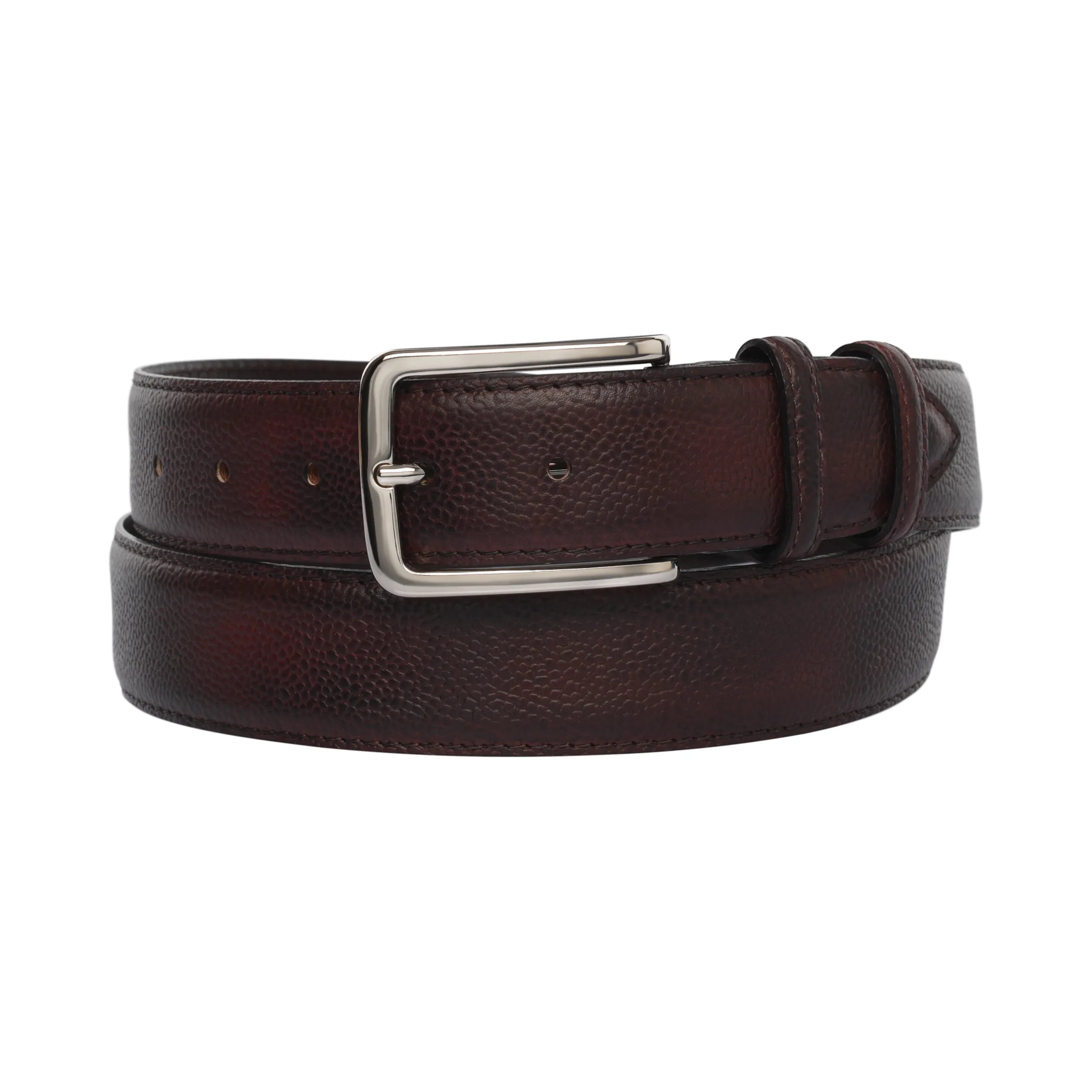 Pebble Grain Leather Belt in Wine Red