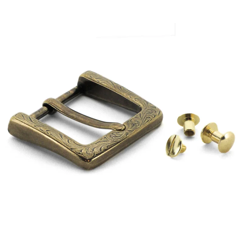 Square Floral Antique Brass Buckle with Chicago Screws