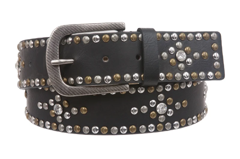 Womens Multi-rivet Studded Rhinestone Leather Belt