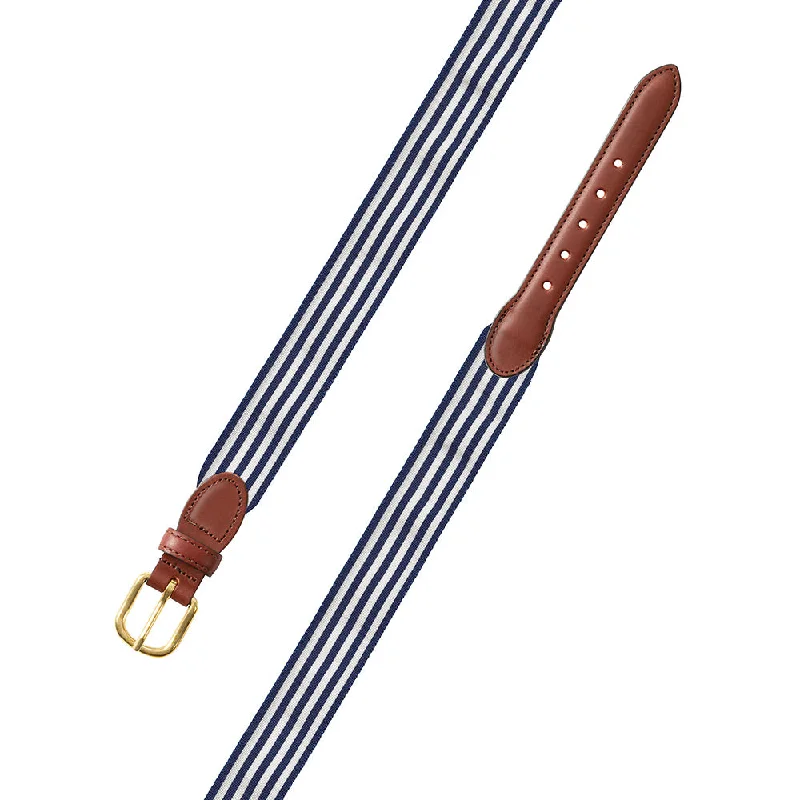 Thin Stripe Navy & White Grosgrain Ribbon Leather Tab Belt