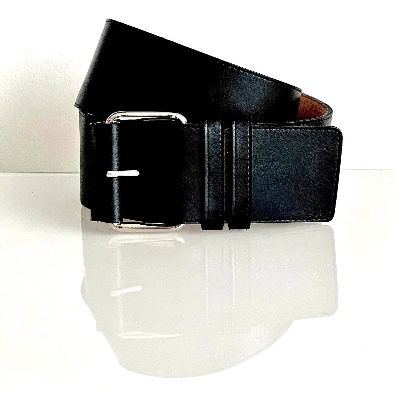 Wide Waist Cinch Belt in Black Apple Leather from Bhava