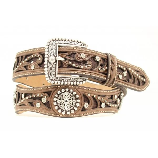 MF Western Ariat Brown Scroll Inlay with Crystals Women's Scalloped Belt Style A1513002