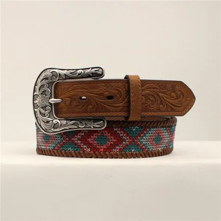 MF Western Ariat Designed Fabric Brown Laced Edges Ladies Multi Color Belt Style A1530497