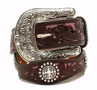 MF Western Ariat Girls Floral Overlay Brown & Pink Leather Belt Style A1301802