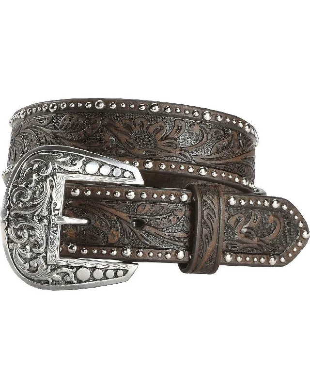 MF Western Ariat Western Belt Womens Leather Embossed Inlay Nail Brown Style A1513802