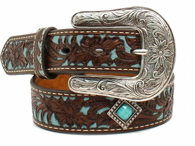 MF Western Ariat Western Girls Belt Leather Tooled Floral Conchos Brown/Turq Style A1302402