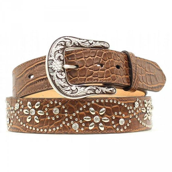 MF Western Ariat Womens Croc Print Studs Crystals Brown Leather Belt Style A1510602