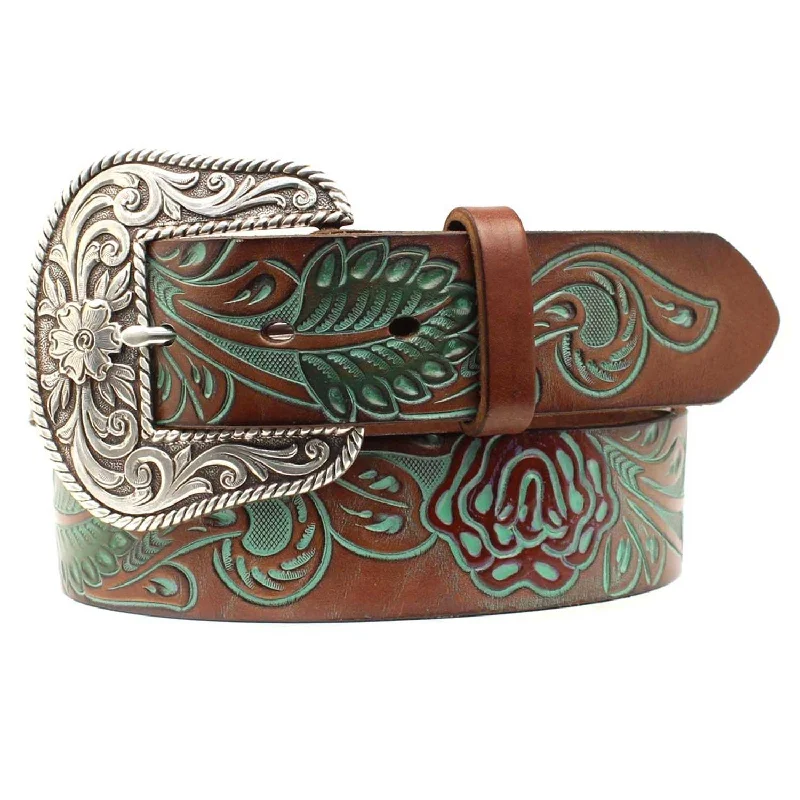 MF Western Ariat Womens Scroll Turquoise Roses Western Belt Style 8408