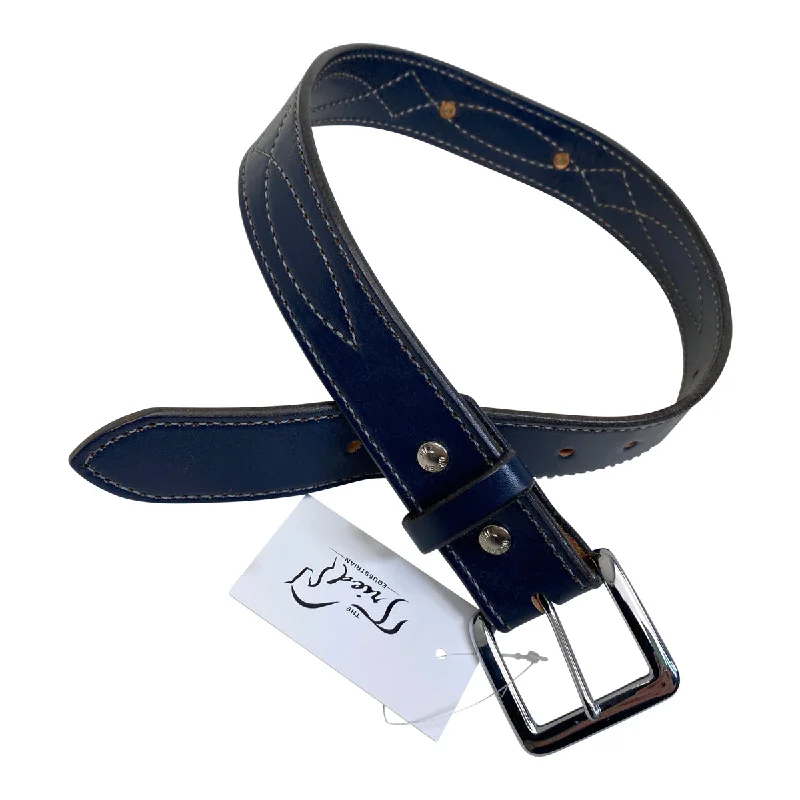 Green Hill Leather Fancy Stitched Belt in Navy Blue - Women's XS