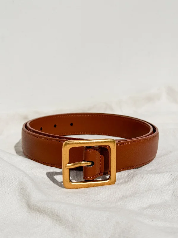 Square Gold Buckle Leather Belt in Tan