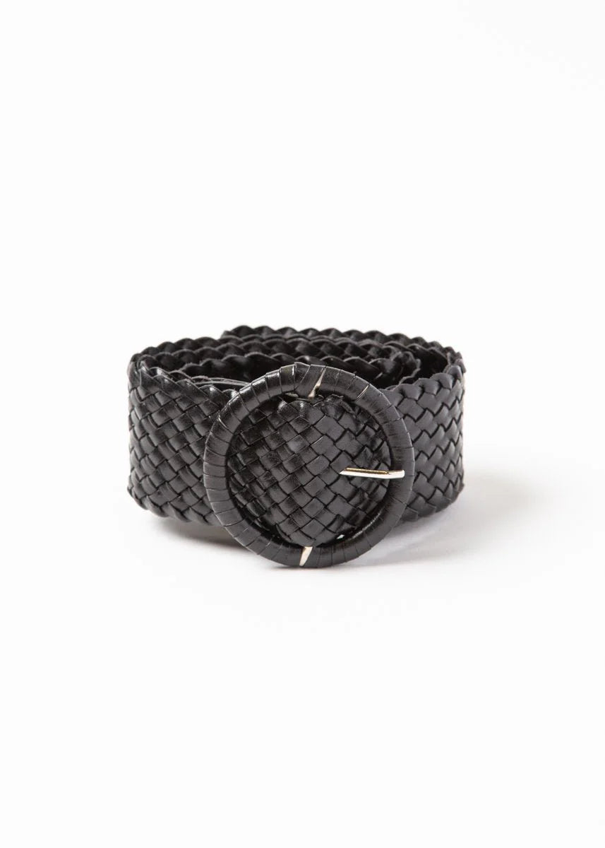 Wrapped Leather Belt Circle Buckle Black