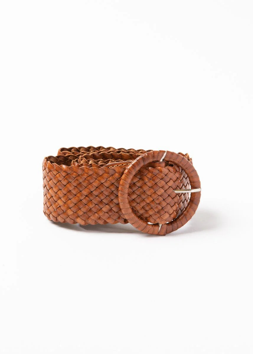 Wrapped Leather Belt Circle Buckle Tan